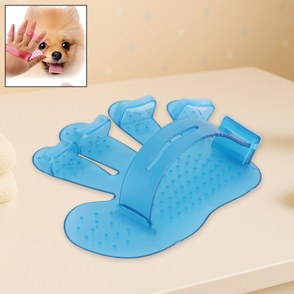 Palm rubber grooming glove being used on a dog