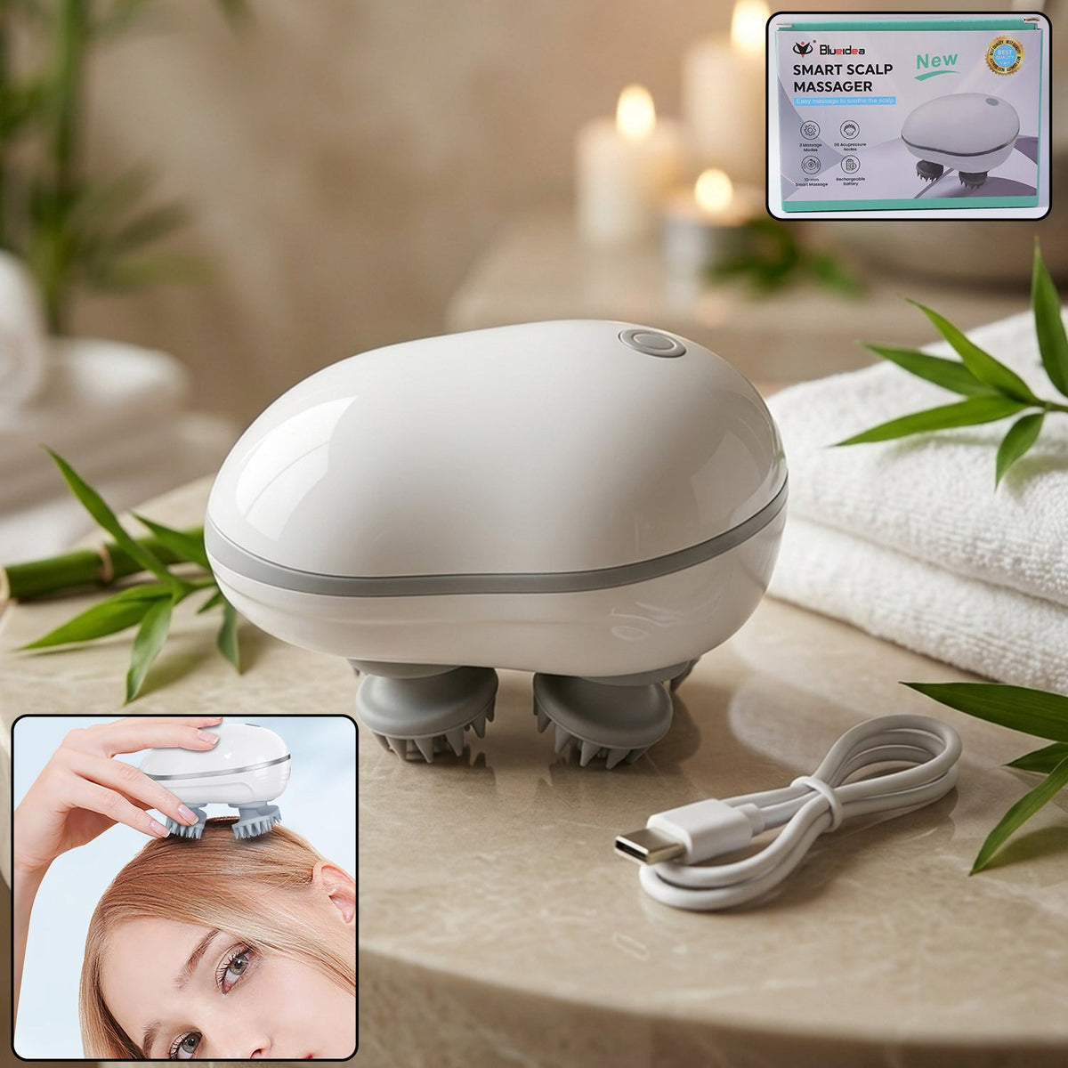 Nuvara Halo electric scalp massager with four detachable silicone heads